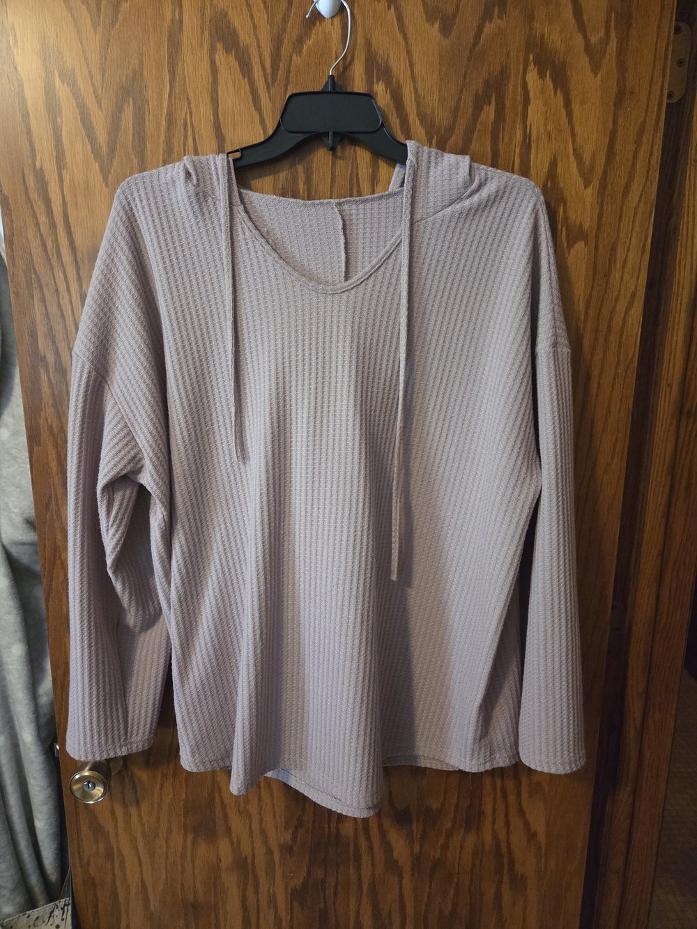 Waffle-Knit Long Sleeve Hoodie Top - Taupe